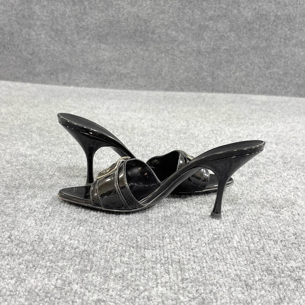 Gucci Slide Sandals Womens 6 Black Patent Leather Logo Buckle Heels Italy 168078